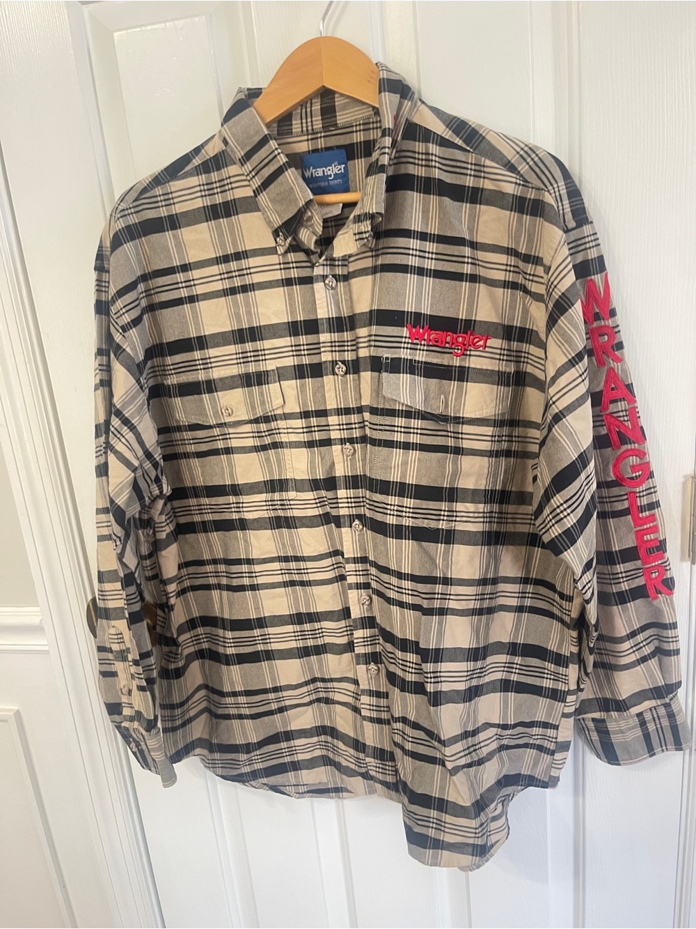 Wrangler Shirt Mens 2XL Black Tan Plaid Button Front Long Sleeve Stretch Western